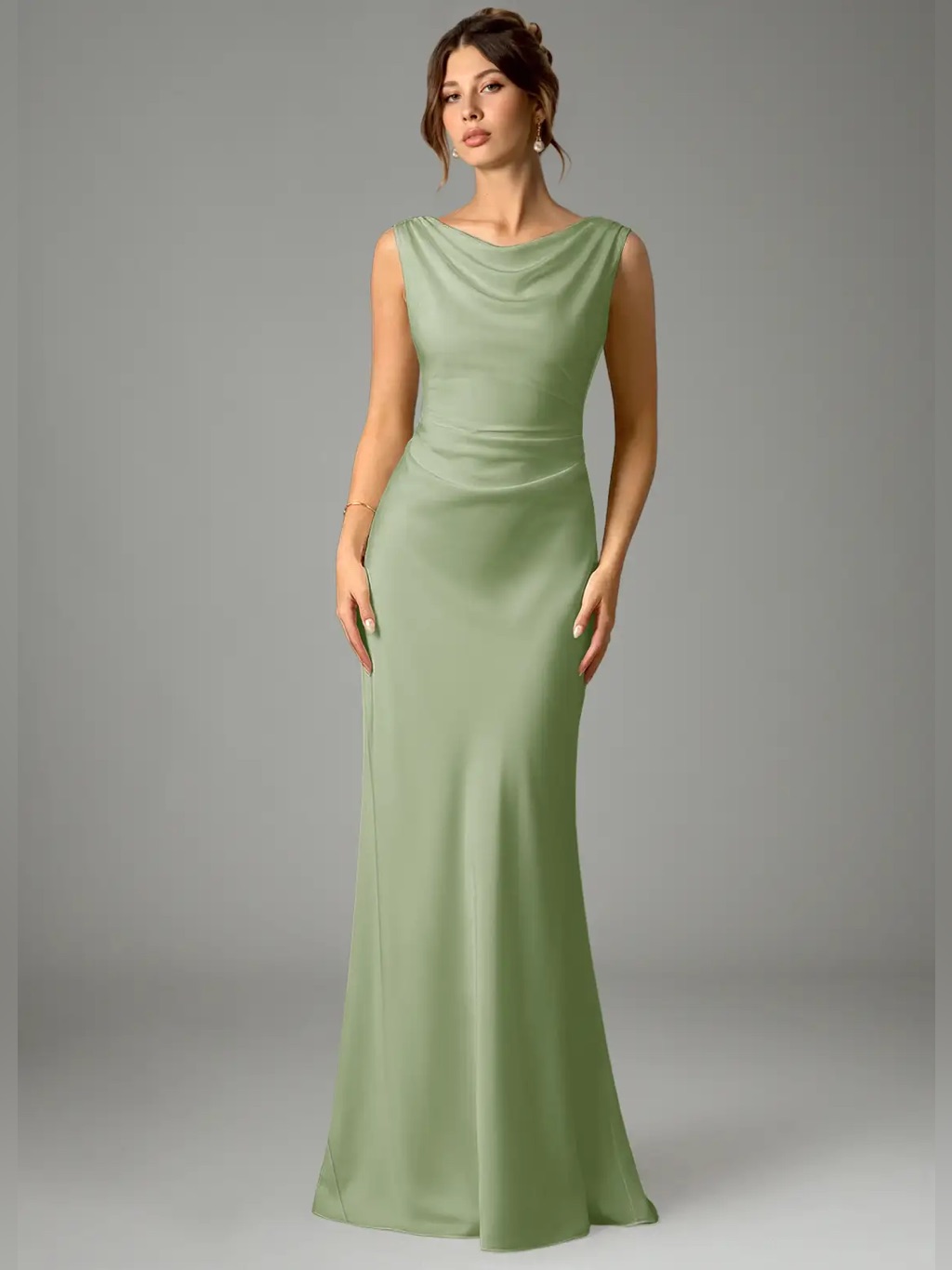 Azazie Kieryn Stretch Satin Maxi Dress In Dusty Sage Sz A8 Nwt